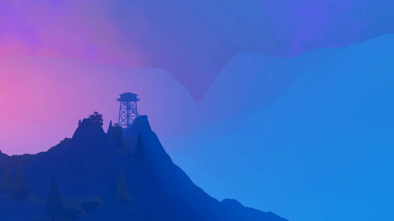 An Over the Hill lookout silhouetted against a blue and purple night sky